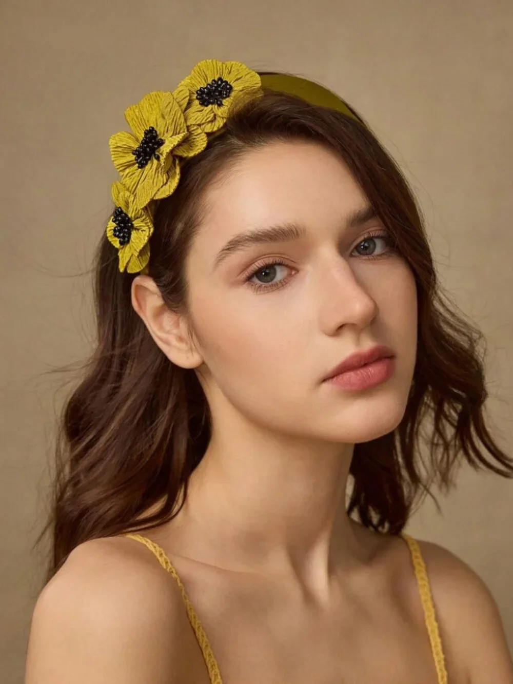 Mustard Yellow Floral Headband with Black Beaded Centers
